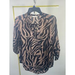 Dear Apple Zebra Print Blouse Tan Black Roll‎ Tab Sleeve Split Neck Top Large